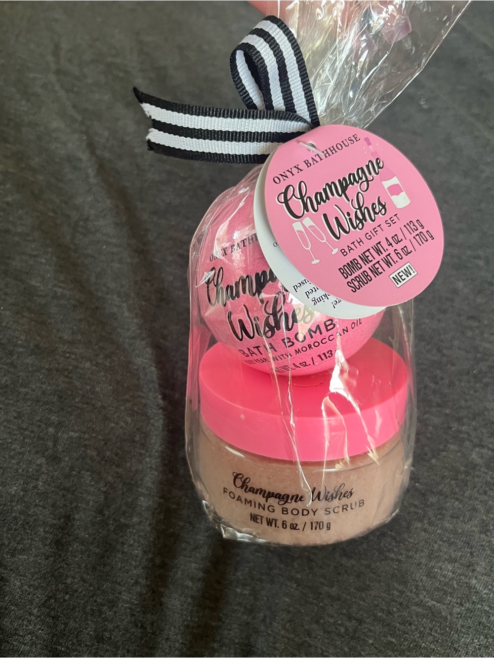 Onyx Bathhouse Champagne Wishes Gift Set, Foaming Body Scrub and Bath Bomb Duo